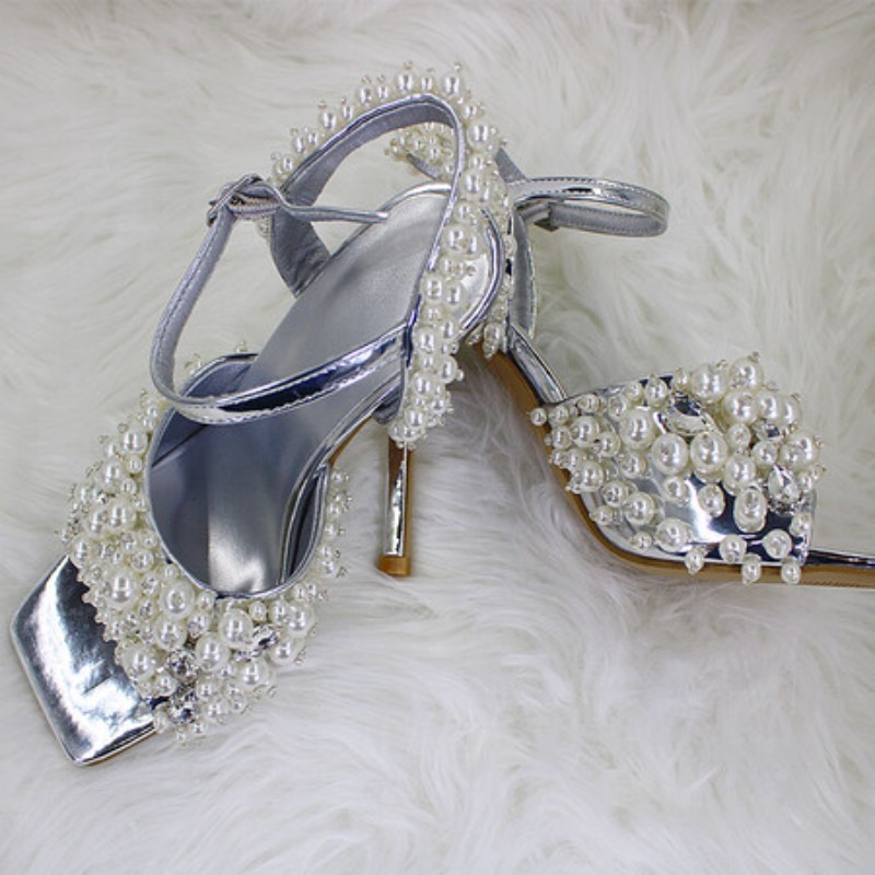 2025 Pearl Square Head Sandals Fashion Open Toe Wedding Silver Sandals Thin High Heels Sexy Dancing Party Women's Shoes 36-46 Shoes