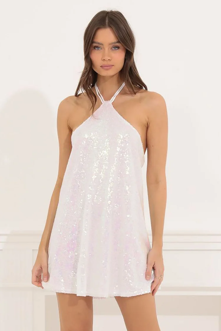 Sleeveless Sequins Halter Backless Cocktail Party Mini Dresses-White