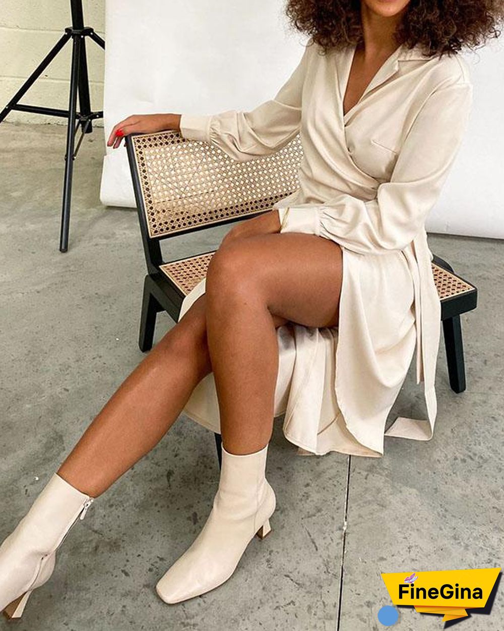Women's Long Sleeve Wrap Lace up Midi Dress