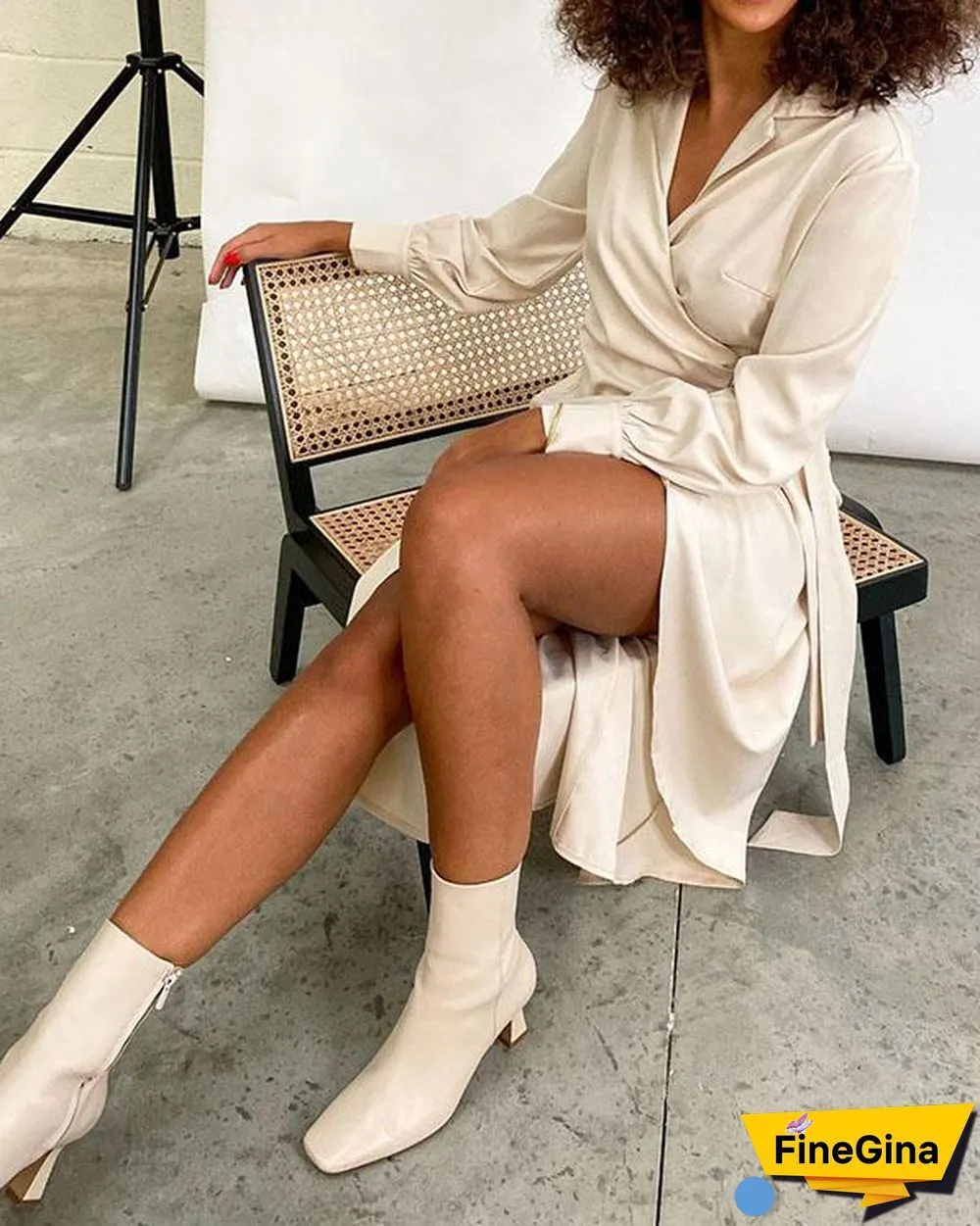 Women's Long Sleeve Wrap Lace up Midi Dress