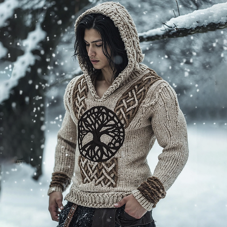 VChics Irish Celtic Tree Of Life Jacquard Cozy Knit Hooded Sweater