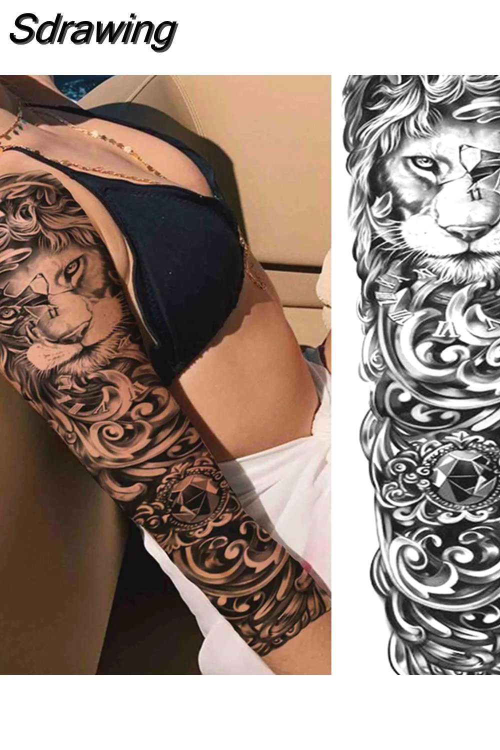 Sdrawing Arm Temporary Tattoos Sleeve For Men Women Realistic Fake Tatoos Warrior Lion Tiger Flower Tatoo Sticker Black Totem Maori 507-1