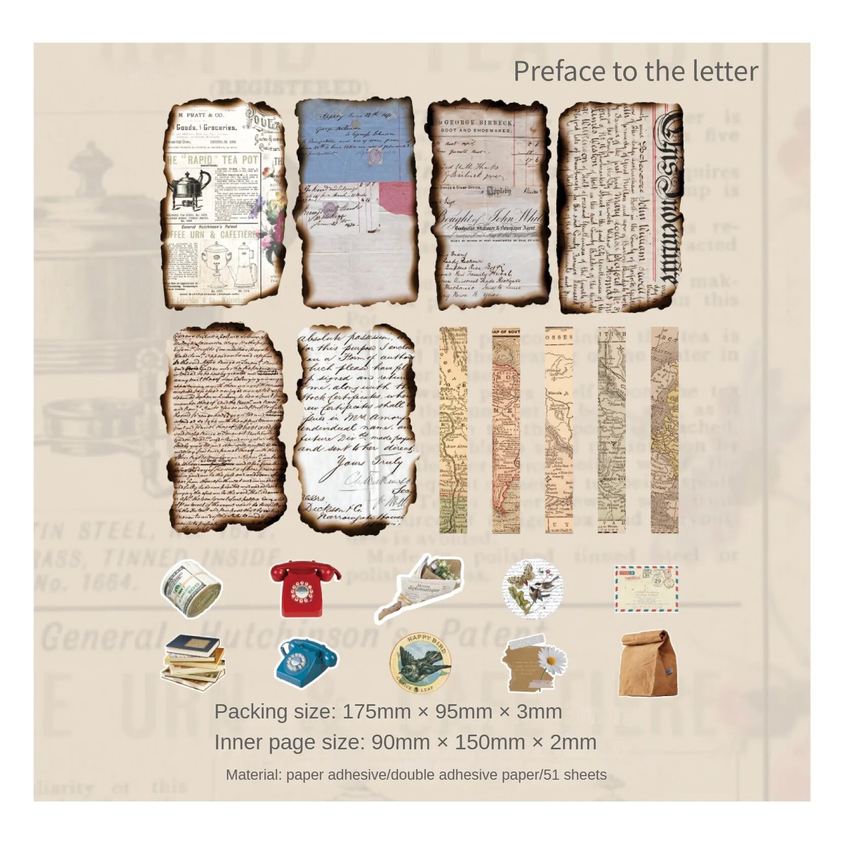 Journalsay 51 Sheets Light and Shadow Years Series Vintage English Text Washi Material Pack