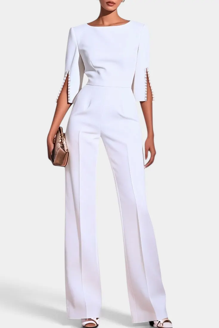 Structured Round-Neck Jumpsuit with Pearl-Trimmed Sleeves