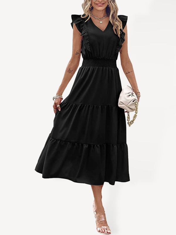 Mature Women Casual Summer New Sleeveless V-neck Waist Pleated Dress With Wooden Ears