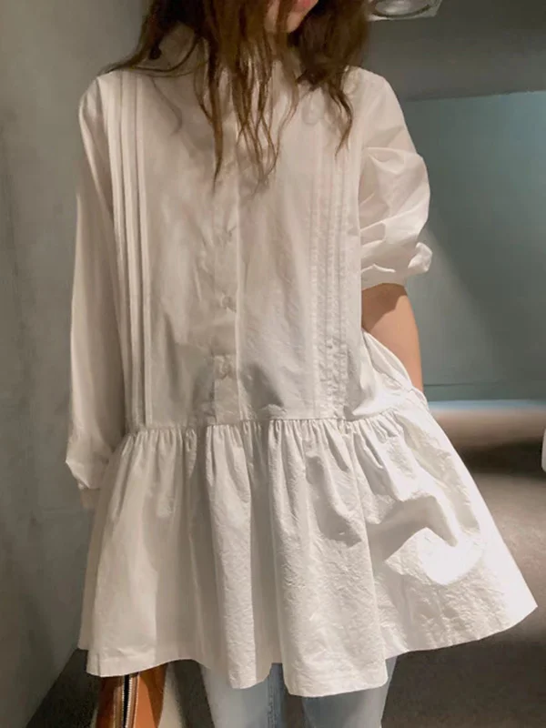 Solid Color Pleated Buttoned Loose Long Sleeves Lapel Shirt Dress Mini Dresses