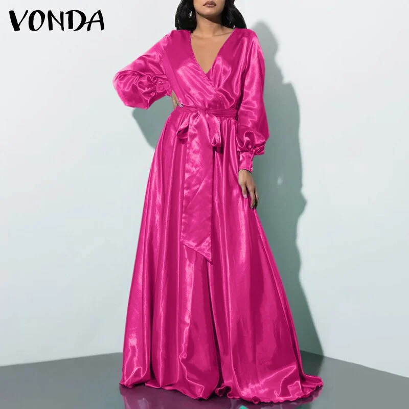 VONDA Fashion Satin Party Sundress 2022 Women Bohemian Summer Long Dress Sexy V Neck Female Solid Casual A-Line Maxi Robe Femme