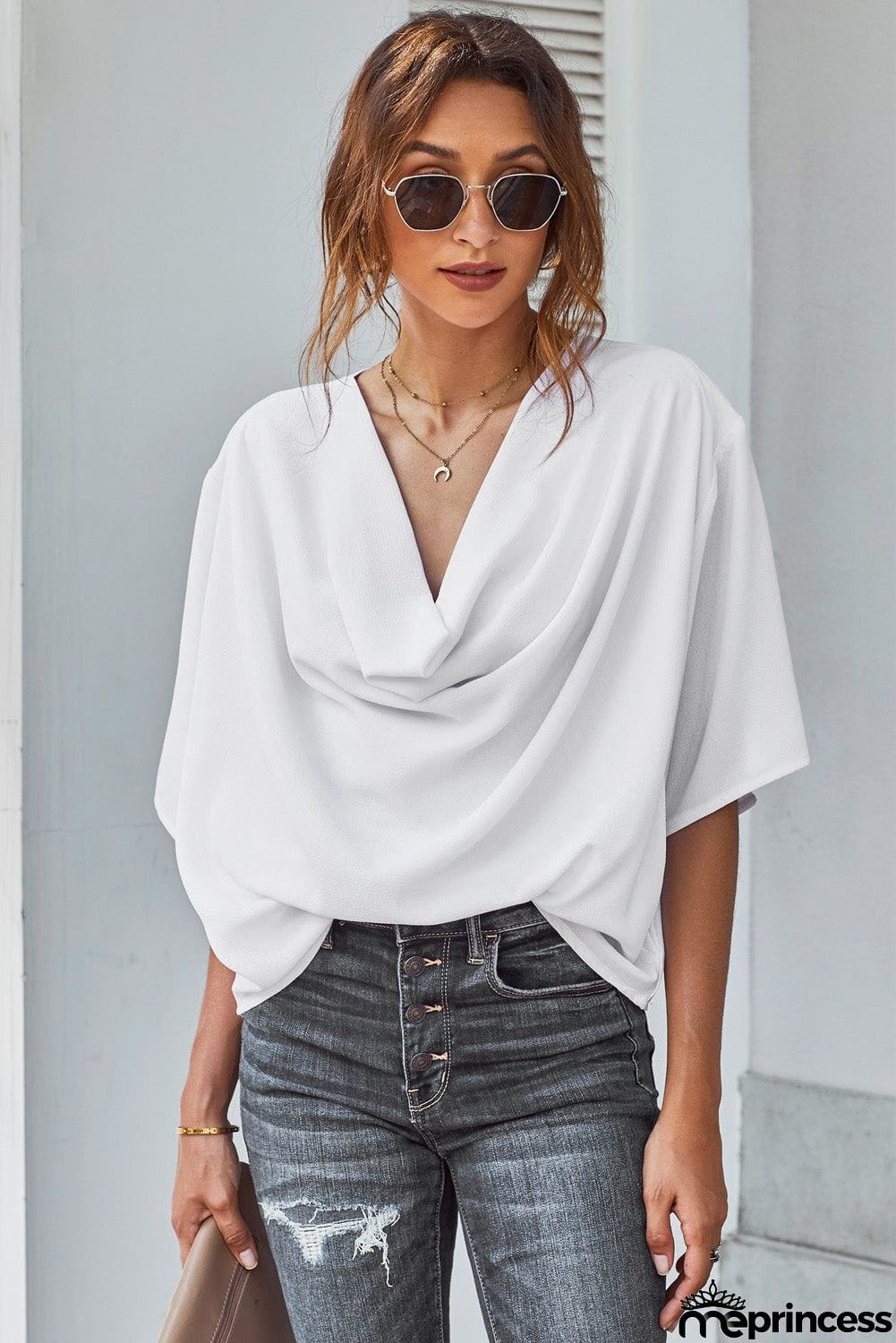 White Draped Short Sleeve Chic Blouse