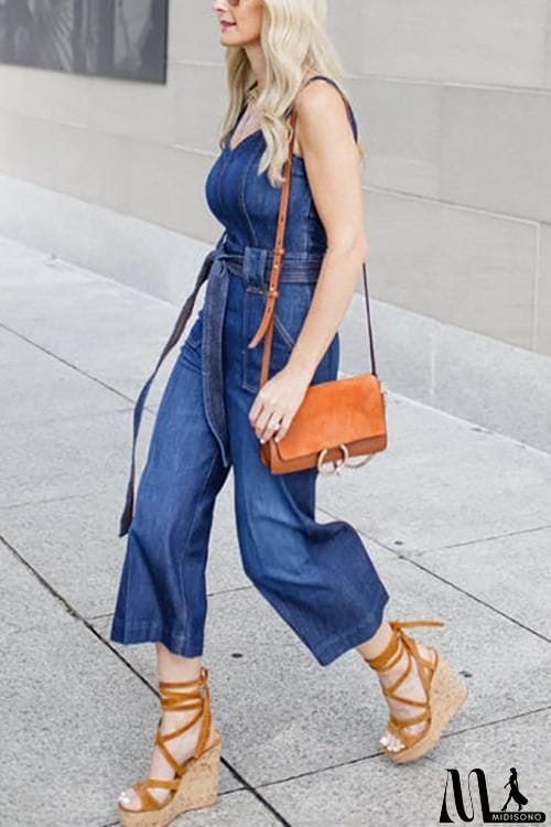 MidiSono - Sleeveless Belted Denim Jumpsuit