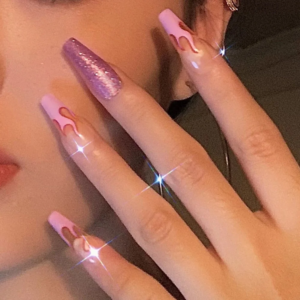 24Pcs Detachable Long Ballerina French False Nails With Design Leopard Wearable Fake Nails Wavy Line Flame Full Cover Nail Tips