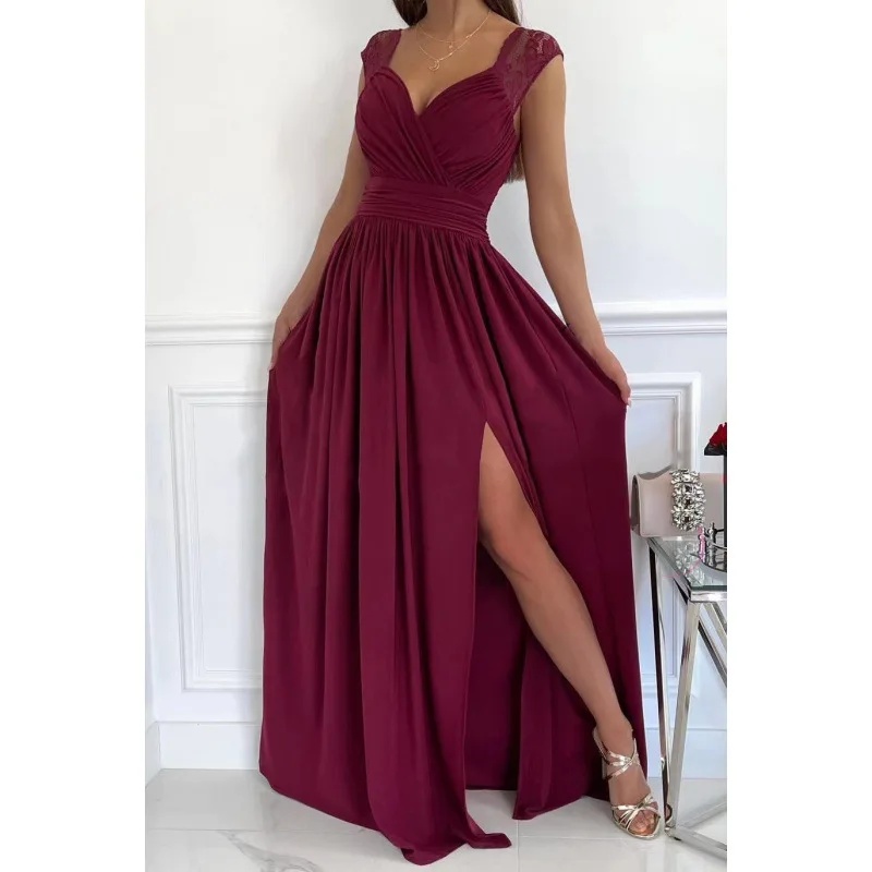 Lace Backless Split Long Sleeveless Women's Dress V-neck Ankle-length Polyester Independent Station Wish Female Clothing
