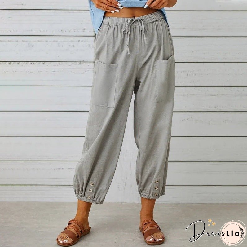 Women's High Waist Button Cotton Linen Trousers Pants