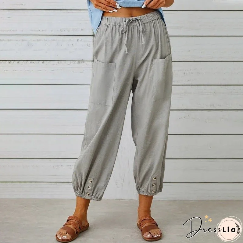 Women's High Waist Button Cotton Linen Trousers Pants