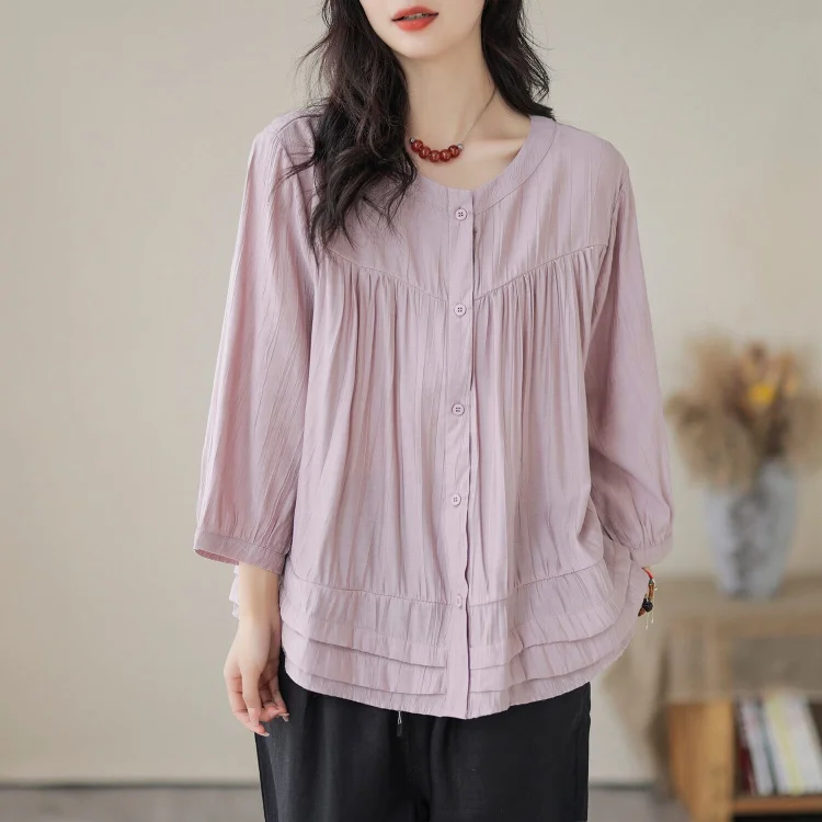 Women Retro Loose Casual Pleated Blouse