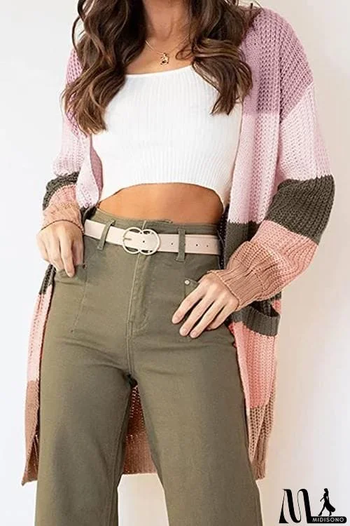 MidiSono - Color Block Pocket Open Cardigan