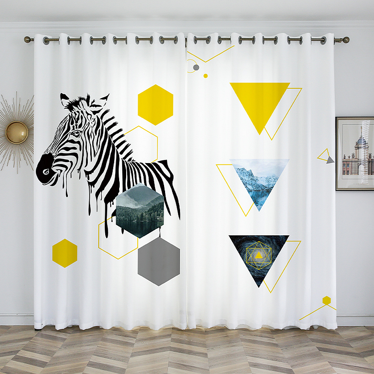 Indoor Semi-shading Curtains With 3d Zebra And Geometric Patterns Printed 2 panels-ChouChouHome