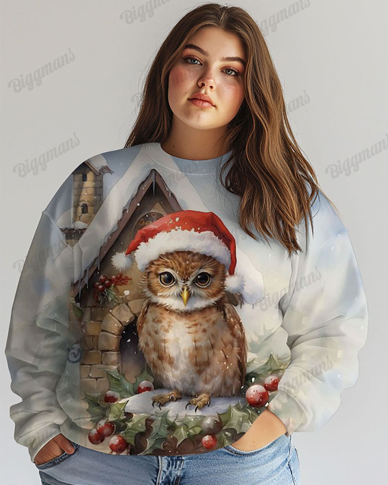 Plus Size Christmas Owl Painting Print Casual Long Sleeve Sweatshirt