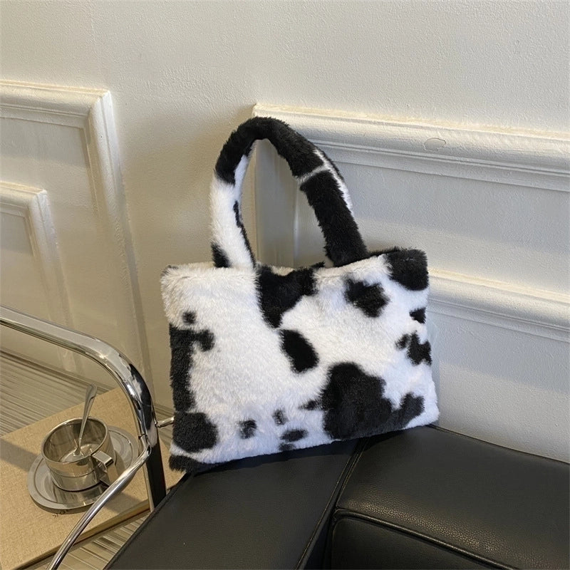 Women’s Medium Plush Color Block Streetwear Square Magnetic Buckle Handbag