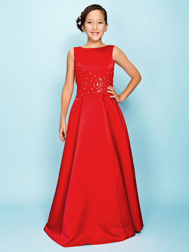 Princess / A-Line Bateau Neck Floor Length Satin Junior Bridesmaid Dress With Criss Cross / Beading / Draping / Spring / Summer / Fall / Apple / Hourglass