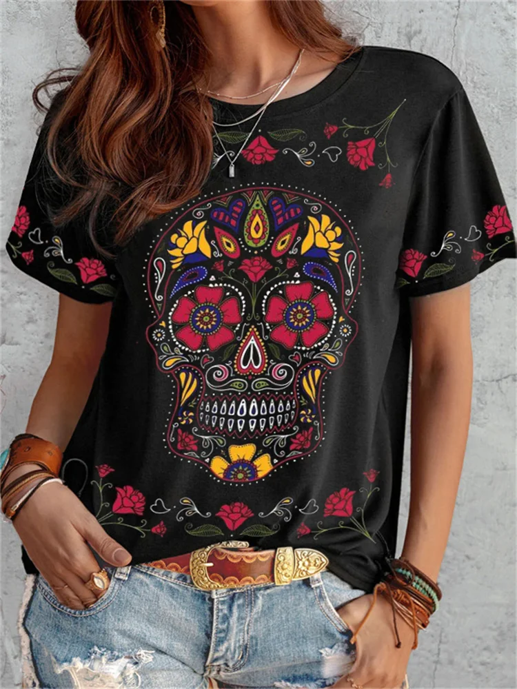 Fancy Sugar Skull Floral Art T Shirt