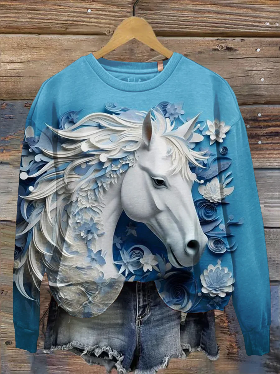 Art Horse Print Casual Print Sweatshirt