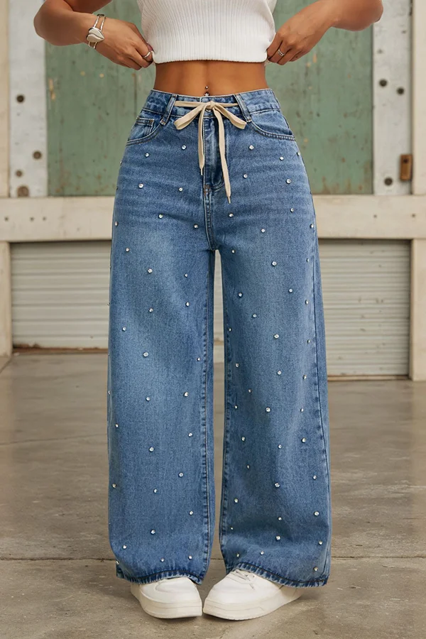 Fashion Rhinestone Embellished High Waist Tie Casual Pocket Wide Leg Jeans