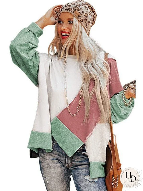 Knit Sweatshirt With Irregular Color Blocking - Women'S Loose Fit Long Sleeve Top
