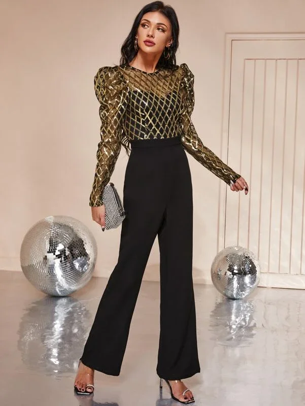 Double Crazy Contrast Sequin Gigot Sleeve Backless Jumpsuit