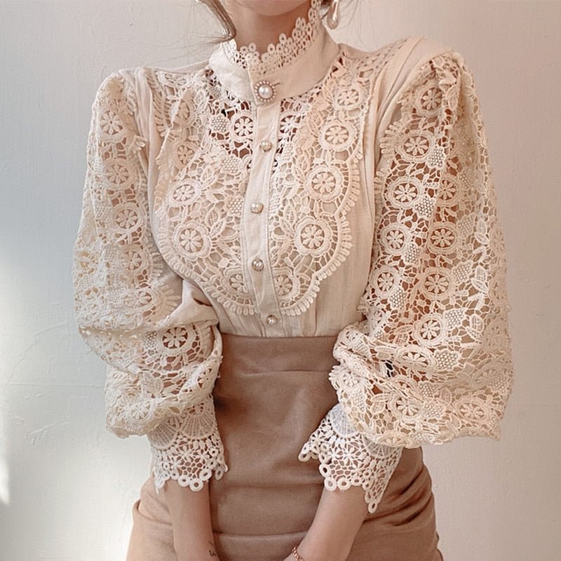 Autumn Women Lace Blouse Petal Sleeve Hollow Out Flower Lace Patchwork Shirt Femme Blusas Stand Collar Button White Top 12419