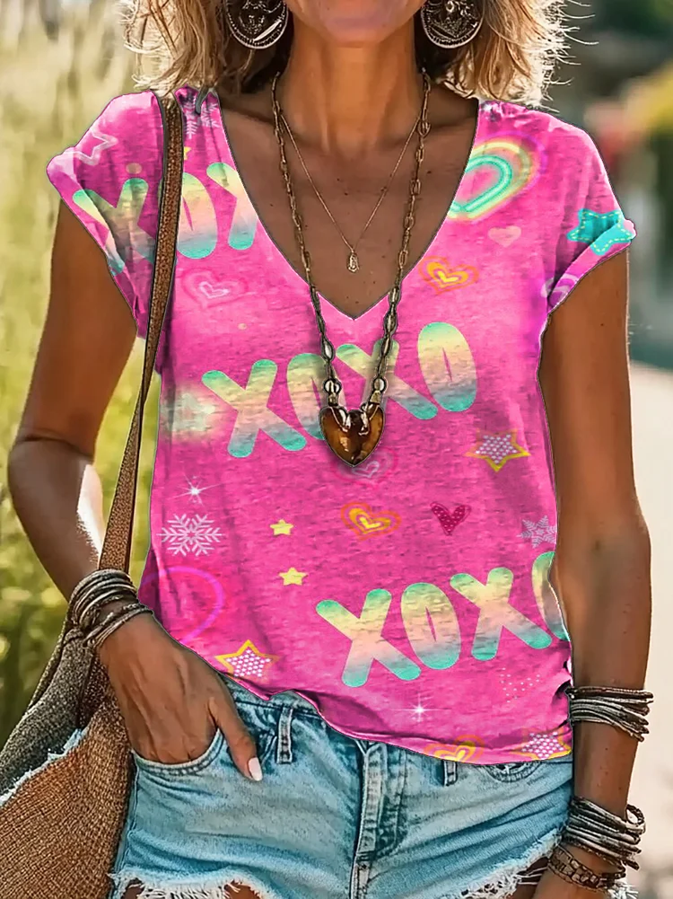 Women's Valentine's Day Print 100%Cotton V-neck T-Shirt