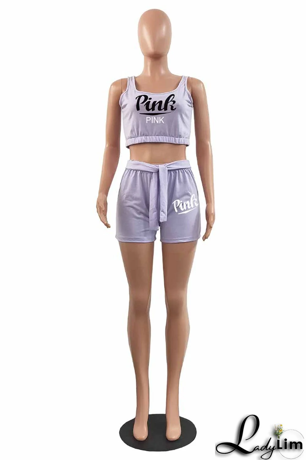 Light Purple Fashion Casual Letter Print Bandage U Neck Sleeveless Two Pieces