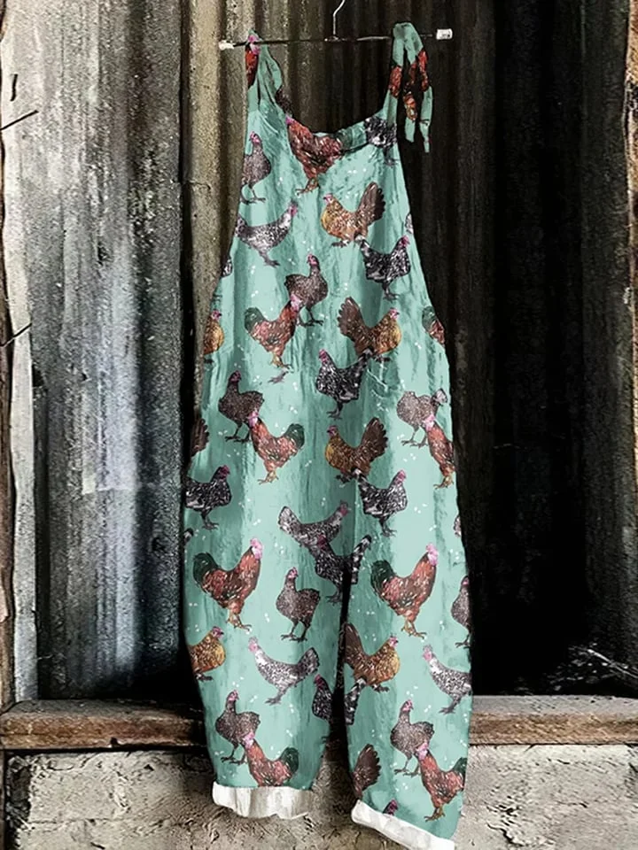Women's Farm Chicken Print Linen Blend Casual Jumpsuit