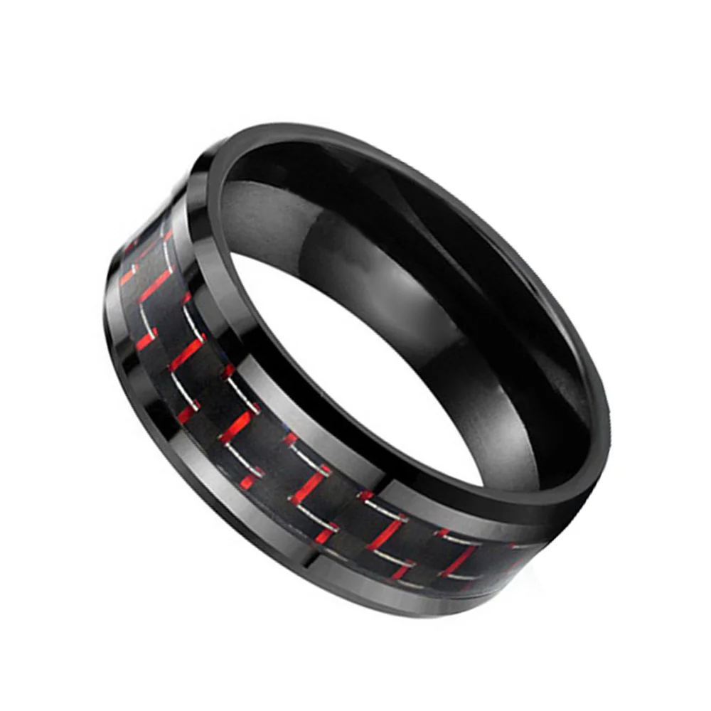 6MM 8MM Red Carbon Fiber Inlay Mens Tungsten Rings Polished Beveled Edge