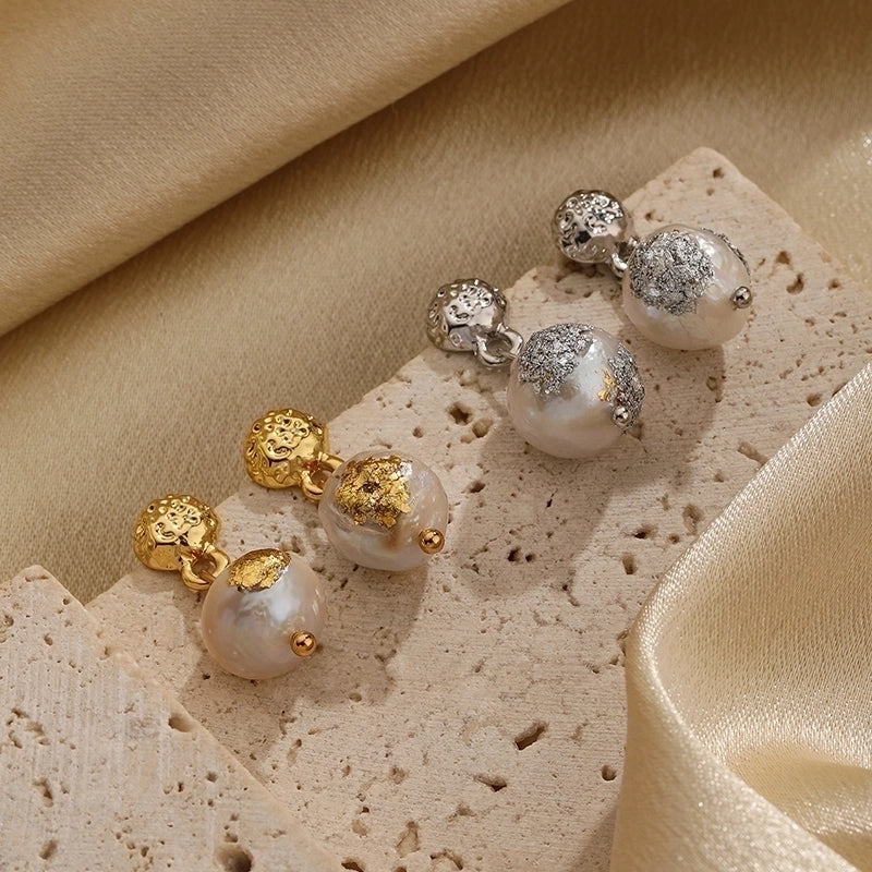 1 Pair Classical Retro Round Plating Inlay Copper Freshwater Pearl 18k Gold Plated Silver Plated Drop Earrings4