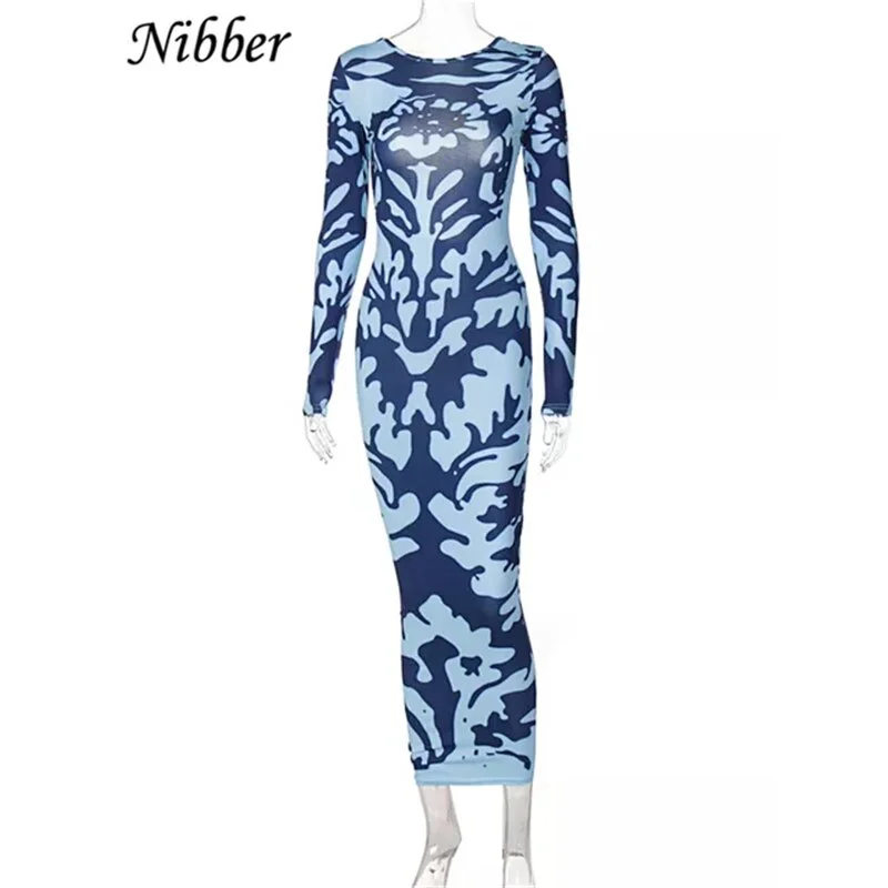 Nibber Autumn Long Fashion Dress Round Neck Long Sleeves Open Back Retro Print Totem Robe For Women's Holiday Evening Party Wear