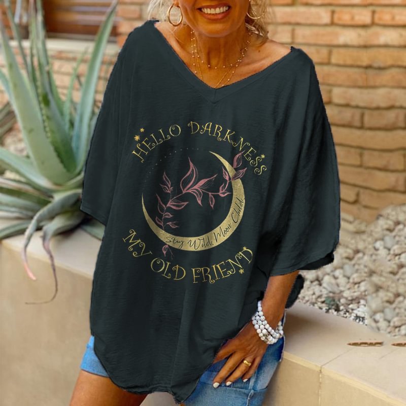 Hello Darkness My Old Friend Moon Floral Pattern Design Women T-shirt,One Size