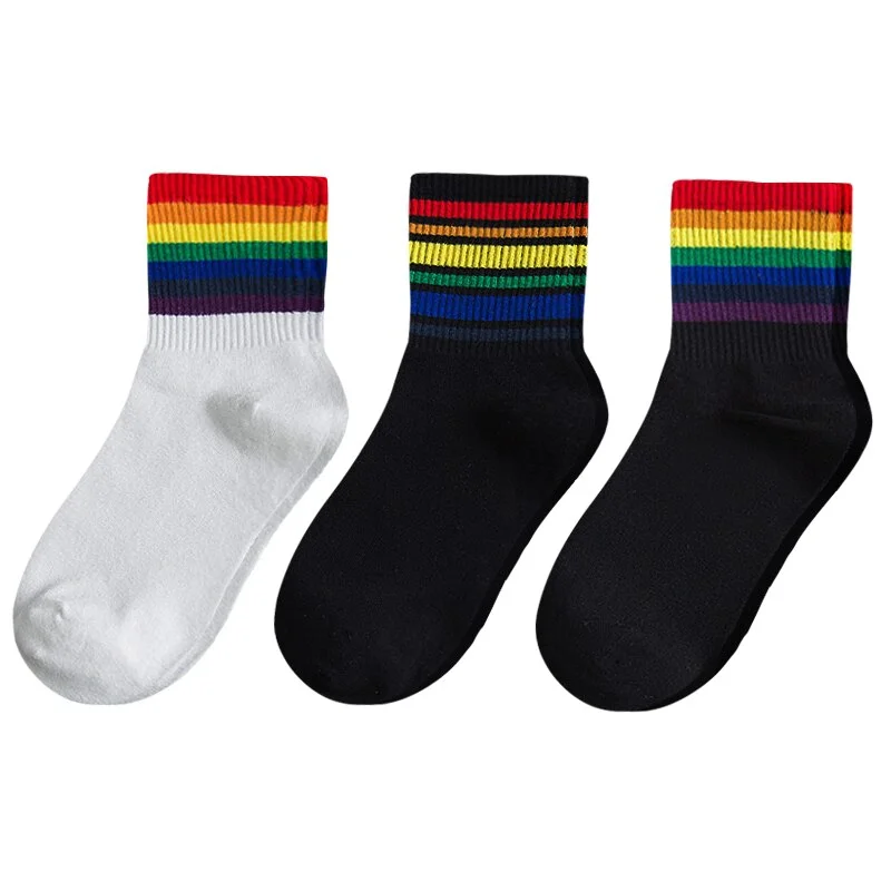3 Pairs Fashion Women's Socks Cotton Unisex Rainbow Color Women Funny 100 Cotton Harajuku Designer Striped Standard Length Sock