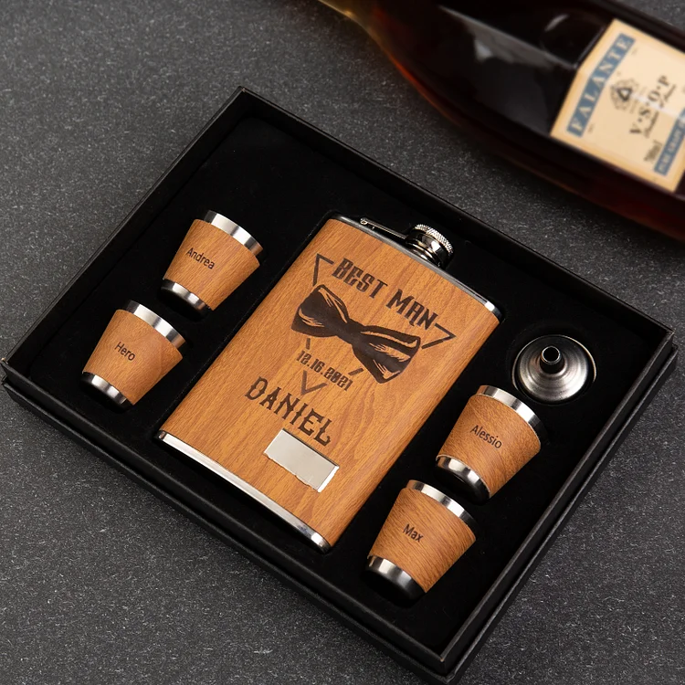 Personalized Name Wood Flask Gift Set Engaved Text Groomsmen Gift