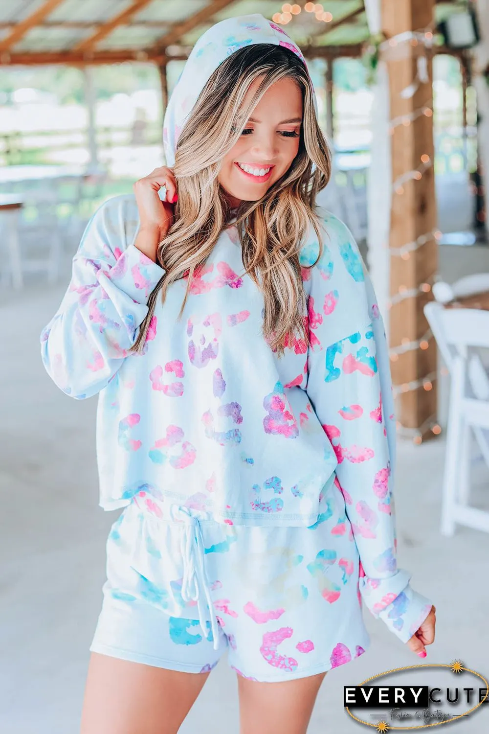 Sky Blue Leopard Print Hoodie and Shorts Set