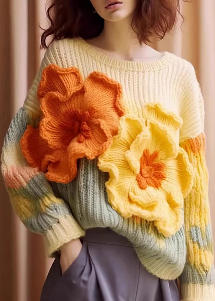 SHIP IN 30 DAYS-Unique Apricot Floral Patchwork Cozy Cotton Knit Sweaters Long Sleeve