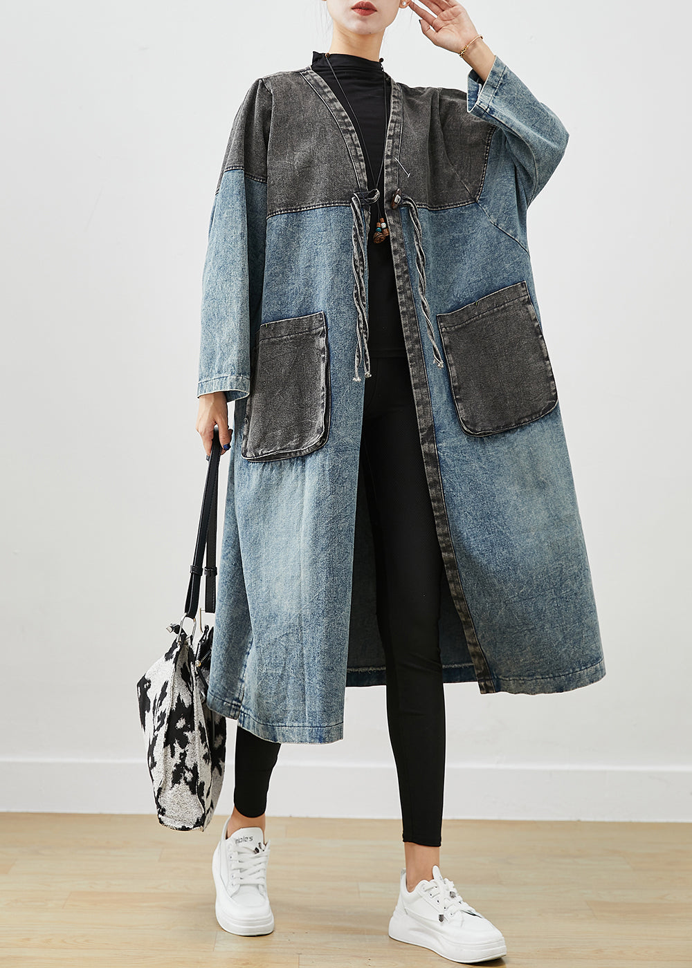 VCSHOES Blue Oversized Patchwork Lace Up Denim Cardigan Fall