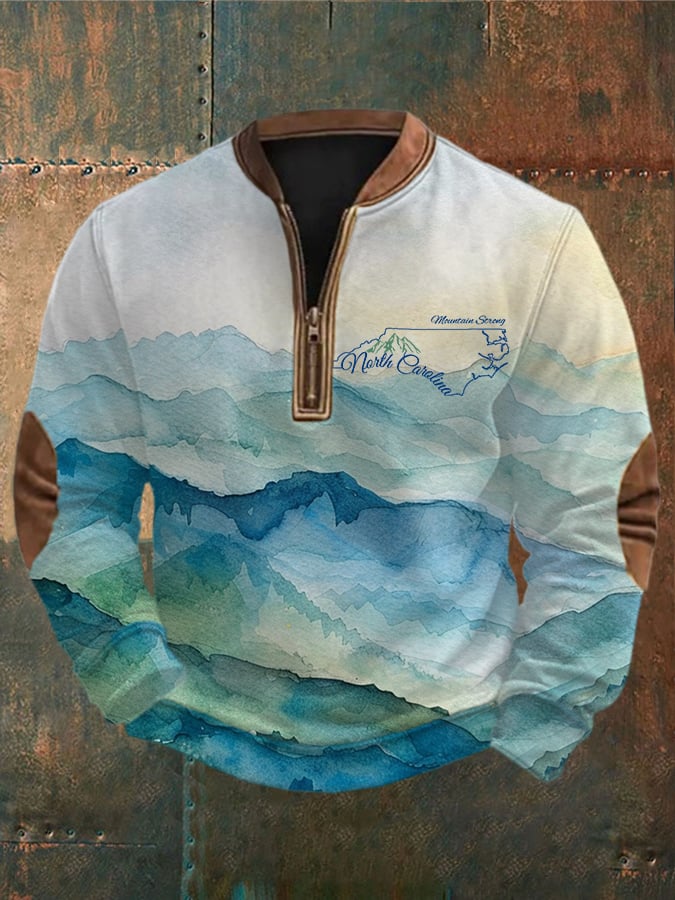 Men's North Carolina Together Mountain Strong Watercolor Art Zip-Up Sweatshirt