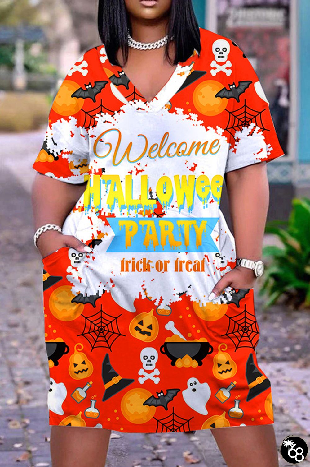 Tangerine Red Casual Print Basic V Neck Short Sleeve Dress | 168DEAL