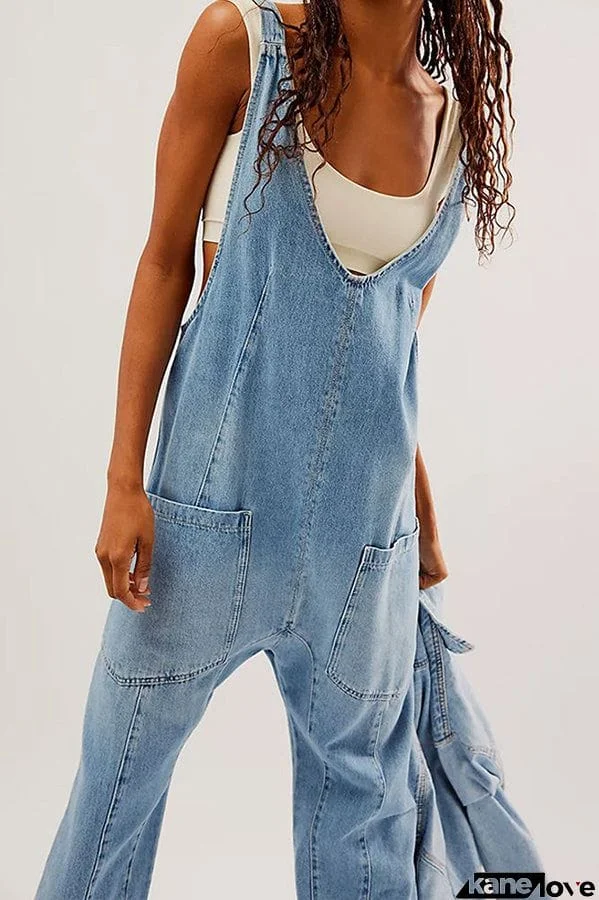 Pocket V Neck Suspender Denim Jumpsuit