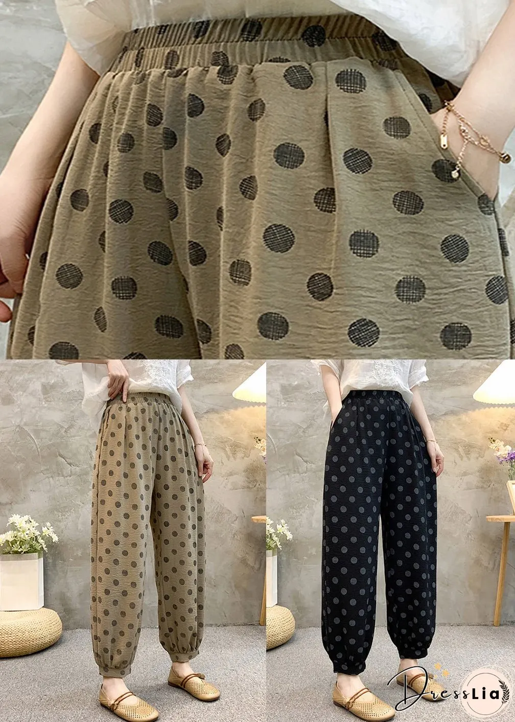 Khaki Dot Pockets Cotton Crop Pants Elastic Waist Summer