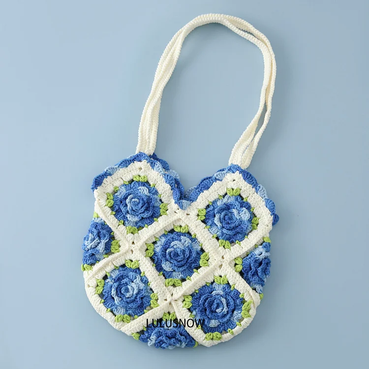 Lulusnow Handmade Blue 3D Rose Granny Square Crochet Tote Bag Shoulder Bag  Gift Christmas/Valentine's/Easter