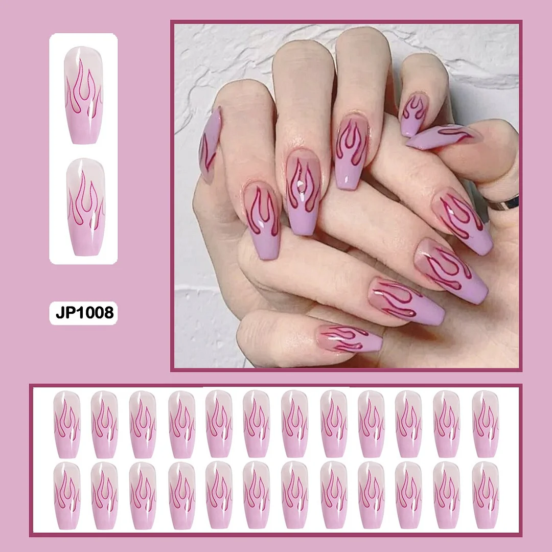 Personality Graffiti Flame Sweet Cool Girl False Nail Art Fake Nails With Glue And Sticker 24pcs/box-Nail Inspo