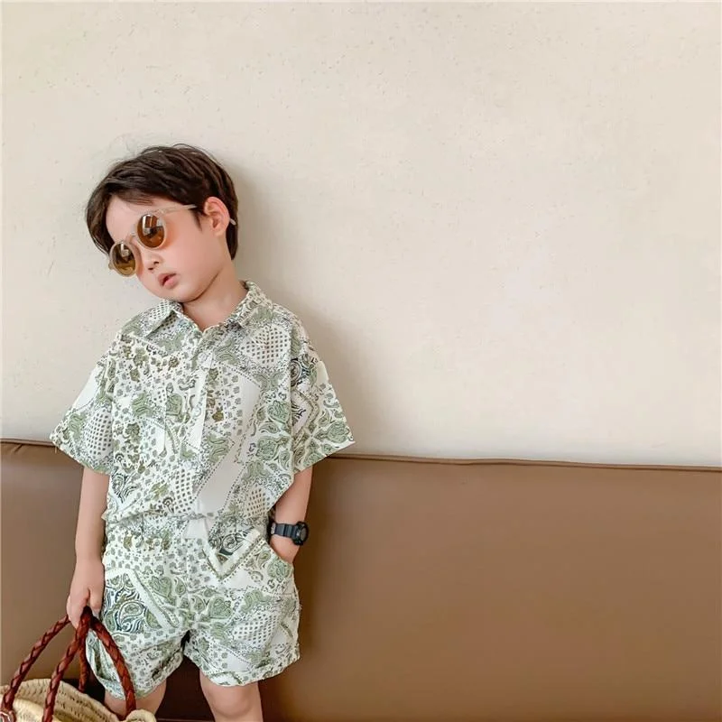 2-9T Summer Floral Beach Boy Print Clothes Set Toddler Kid Short Sleeve Shirt Top and Shots set Fashion Playa Vacation Outfit