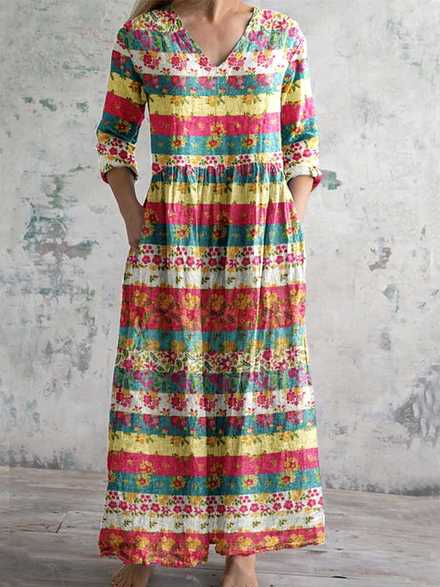 Women's Elegant Floral Pattern V-Neck Cotton Fabric Dress with Pockets