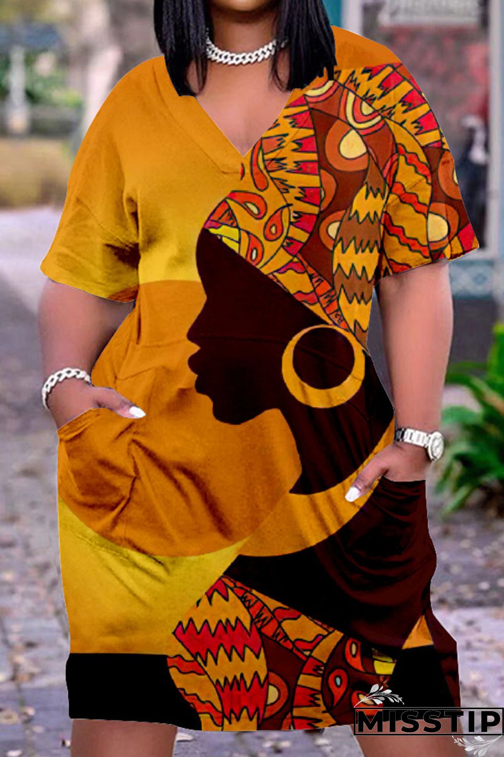 Yellow Brown Casual Street Print Patchwork V Neck Straight Dresses